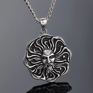 Retro Nordic Sun God face pendant in stainless steel with a silver braided chain