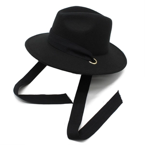 Classic black wool fedora hat with elegant gold ring accent and long stylish ribbon straps