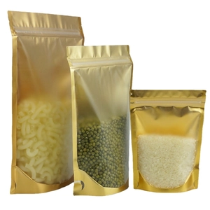 Golden aluminum foil stand-up pouches with clear window and resealable zipper closure