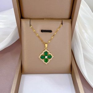 Four Leaf Clover Pendant Necklace Titanium Steel Copper Gold Plated Green Zircon Micro Pave Luxury Jewelry For Women