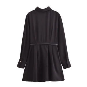 Classic black long-sleeve dress with collar and slim waist belt shown from the back view