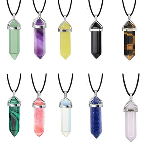 Natural Stone Hexagonal Pillar Point Pendant Necklace Quartz Crystal Bullet Healing Gemstone Jewelry Leather Cord Necklaces