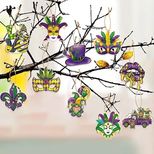 10pcs Mardi Gras party hanging ornaments with mask and hat designs in purple green gold