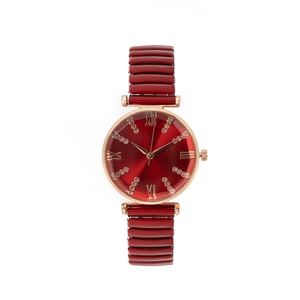 Women's quartz watch with red sunray dial, rose gold case and rhinestone markers