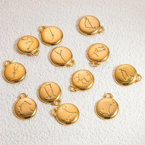 Golden zodiac pendants with white zircon constellations on textured background