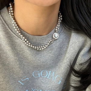 Detail of double-layer silver bead necklace with square mother of pearl pendant