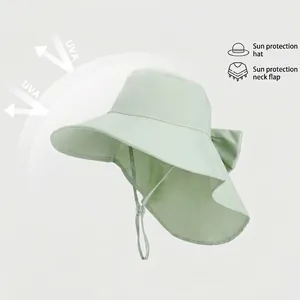 Light green wide brim sun hat with neck protection cape and ponytail hole for women