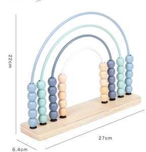 Détail des perles en bois couleur Morandi et des rails en arc avec dimensions