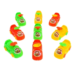 Detailed arrangement of colorful mini plastic toy cars with cartoon bear stickers on top