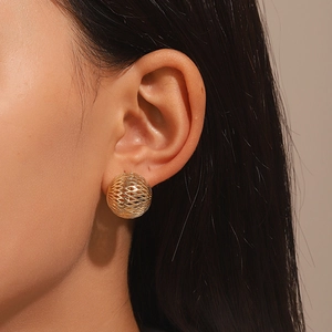 Hollow Ball Stud Earrings Stainless Steel Geometric Mesh Grid Design For Women Fashion Modern Minimalist Style Jewelry