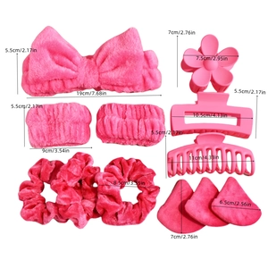 16-piece set of pink plush headband, wristbands, scrunchies, hair claws and makeup puffs