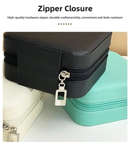 Detail of durable silver metal zipper closure on portable PU leather jewelry storage case