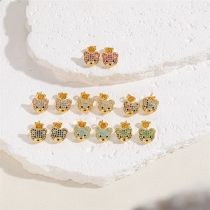 Set of seven pairs of colorful teddy bear stud earrings with shiny zircon stones