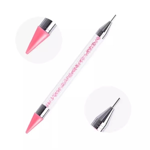 Dual-ended pink acrylic nail art dotting tool with wax tip and crystal beads filling