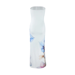 Detailed back view of strapless maxi dress featuring elegant blue and purple floral print