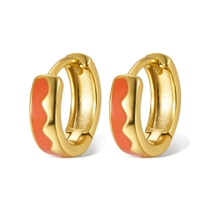 Pair of 925 sterling silver gold hoop earrings with orange enamel wave pattern decoration