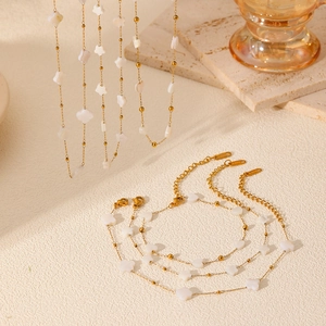 French luxury gold titanium necklace set with white shell clover and star charms