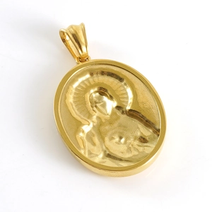 Men's retro 18K gold-plated stainless steel necklace with oval religious relief pendant