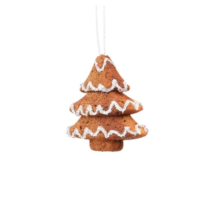 Gingerbread-style Christmas tree ornament with white wavy patterns and colorful dots