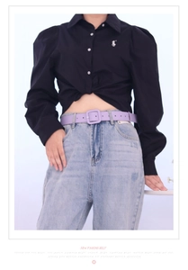 Lavender purple leather belt with square buckle worn on denim jeans for styling