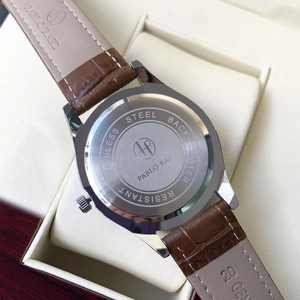 Pablo Raez men's quartz watch featuring stainless steel back and brown leather strap