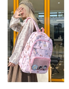Pink student backpack with cartoon dachshund print and transparent pin display pocket