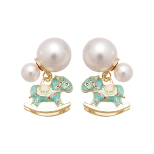 Elegant gold rocking horse pearl earrings with mint green enamel for women style