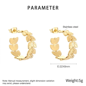 Gold leaf C-shaped stainless steel earrings with wheat ear design, 22x8mm dimensions