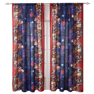 Christmas theme window curtains featuring Santa Claus and teddy bear prints on blue fabric