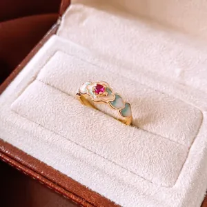 Vintage 18K gold plated irregular open ring with floral enamel and pink zircon stone