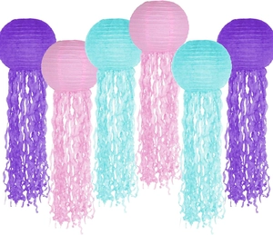 Detailed set of six jellyfish paper lanterns in purple, pink, and blue with long tassels
