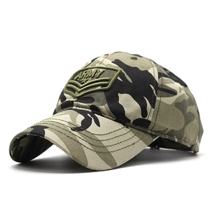 Detail of army style camouflage baseball cap showing side profile and embroidery