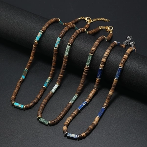 Handmade bohemian necklaces with brown coconut wood beads and turquoise stone accents