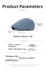 Detailed size chart for corduroy beret hat with dimensions 20x6x10cm and 75g weight