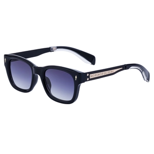 Classic black polarized sunglasses with gradient purple lenses and golden arrow rivets
