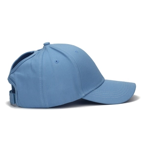 Detail of light blue cotton ponytail baseball cap featuring unique rear hair opening