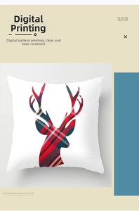 Detail of polyester Christmas pillowcase showing digital printed tartan elk silhouette