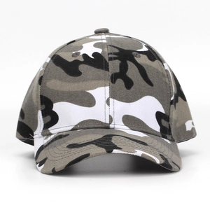 Front view of camouflage baseball cap with six-panel design and curved brim detail