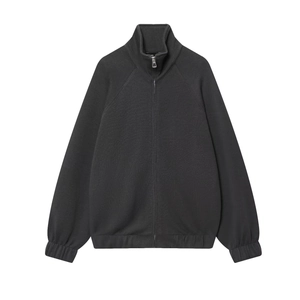 Women's casual black zip-up sweatshirt jacket with stand collar and ribbed cuffs