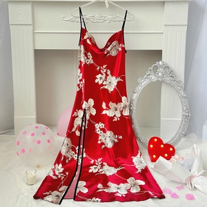 Women Long Nightgown Imitation Satin Satin Spaghetti Strap Cowl Neck High Slit Sexy Elegant Sleepwear Nightdress