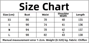 Detailed size chart for women's midi dress showing chest, waist, and length measurements