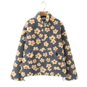 Women's floral fleece pullover with half-zip stand collar and adjustable drawstring hem
