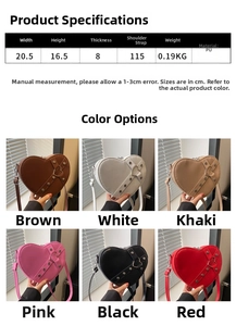 Tableau des tailles du sac coeur à rivets 20,5x16,5cm avec détails du matériau en PU