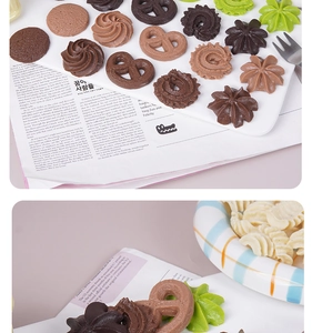 Macro detail of realistic silicone cookie charms in various shapes on a ceramic plate