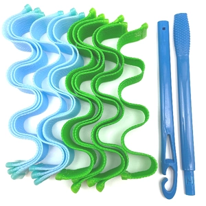 Blue and green 30cm heatless spiral hair rollers set with styling hooks on white background