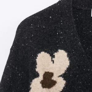 Vintage floral jacquard V-neck knit cardigan sweater with beige flower pattern