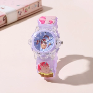 Close-up of lilac silicone watch strap featuring 3D cartoon unicorn and rainbow detail