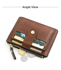 Detailed view of brown leather card holder with three slots and golden zipper pocket