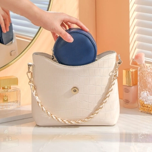 Portable white crocodile pattern jewelry box with gold chain and blue mini organizer case