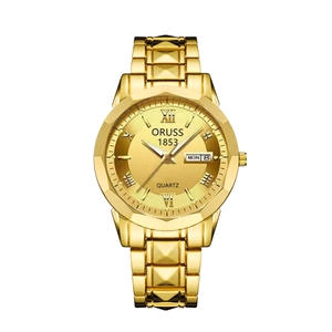Classic gold stainless steel men's business quartz watch with dual day-date display
